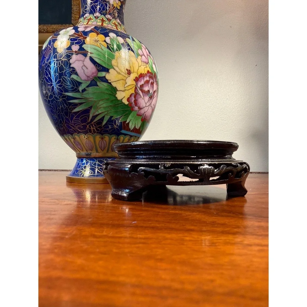 Vintage Cloisonné Vase with Carved Wood Stand
